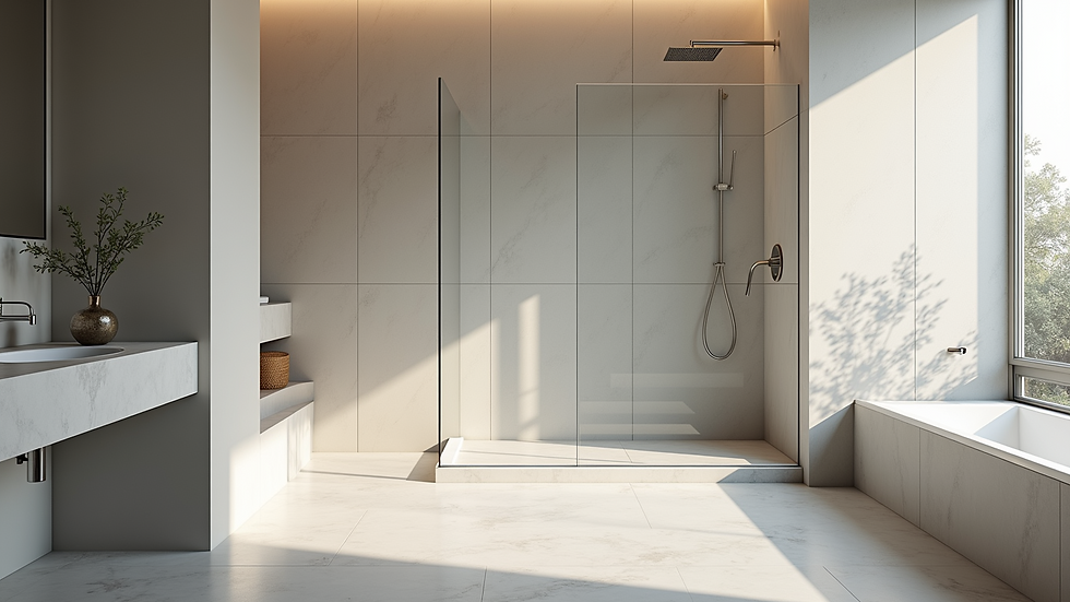 Eye-level view of a modern walk-in shower with glass enclosure