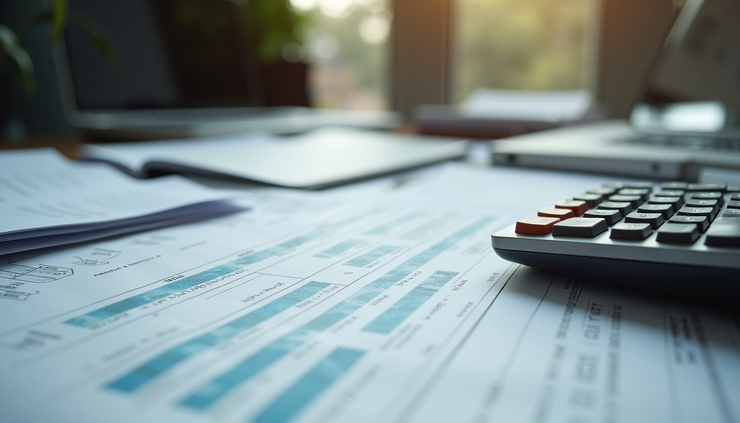 Close-up view of a cluttered desk with unpaid bills and a calculator