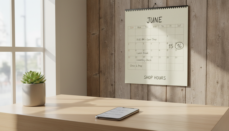 Wide-angle view of a wall calendar and a phone beside a small checkout counter