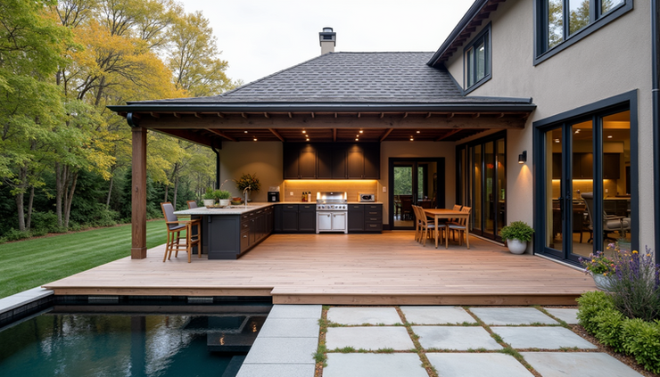 A spacious deck expansion with an outdoor kitchen and pergola providing shade