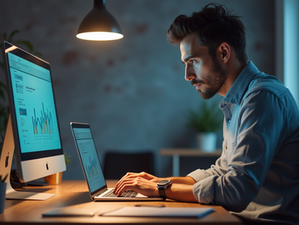 Small business owner reviewing marketing performance data