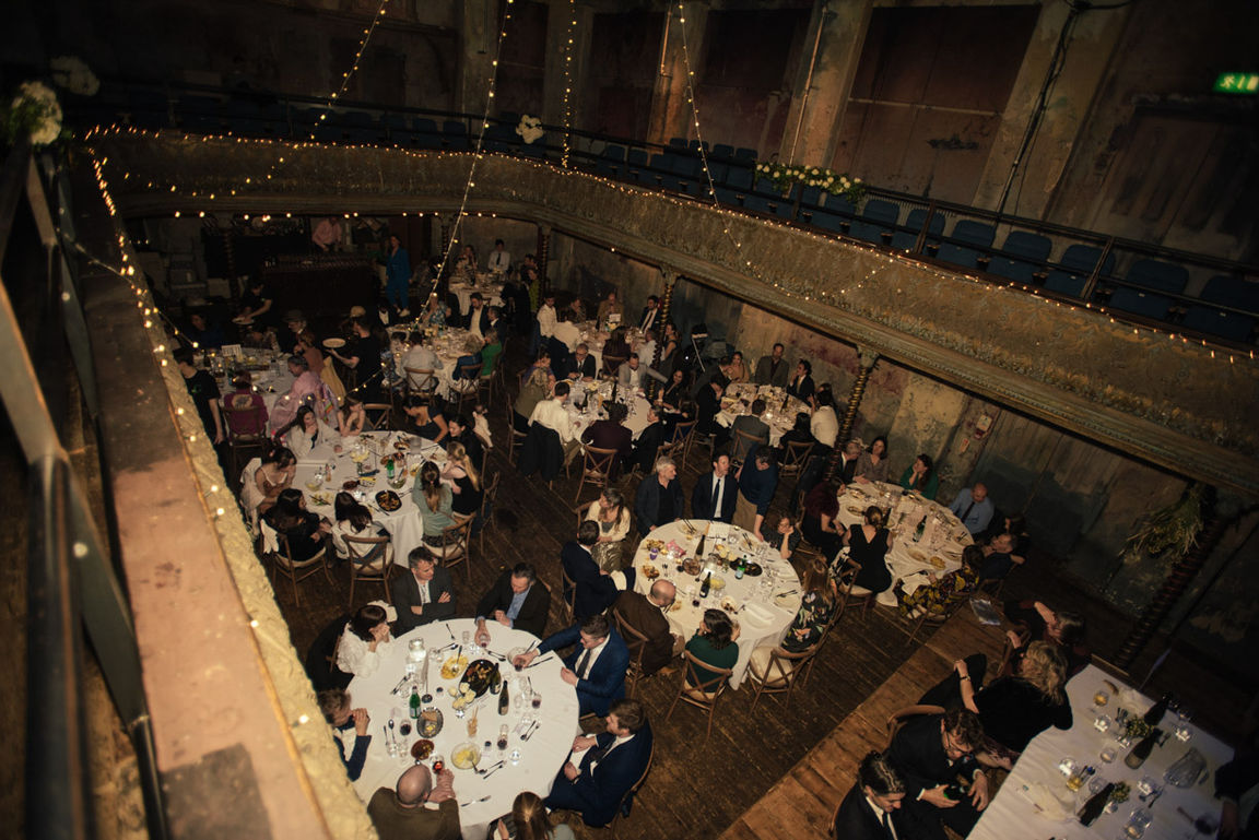 Wedding reception dinner inside Wiltons Music Hall