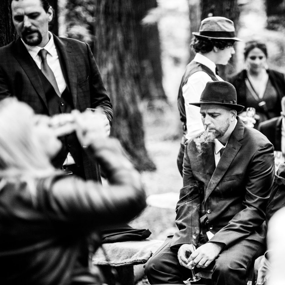 Black and white photo of wedding guests