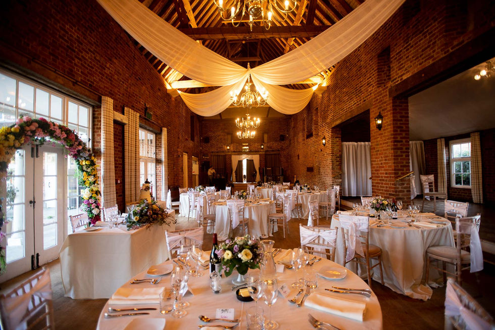 Elegant wedding reception venue, beautifully decorated
