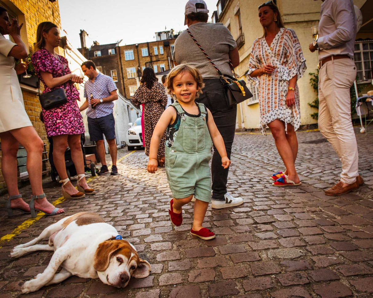 Happy toddler walking past guests and dog at Chelsea Wedding reception.