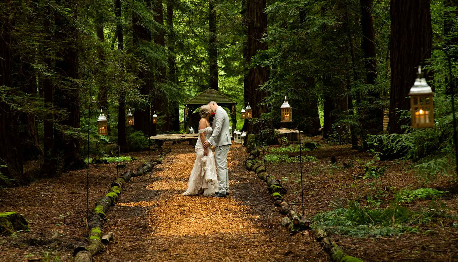 Newlyweds kissing in redwood forest wedding at Two Woods Estate