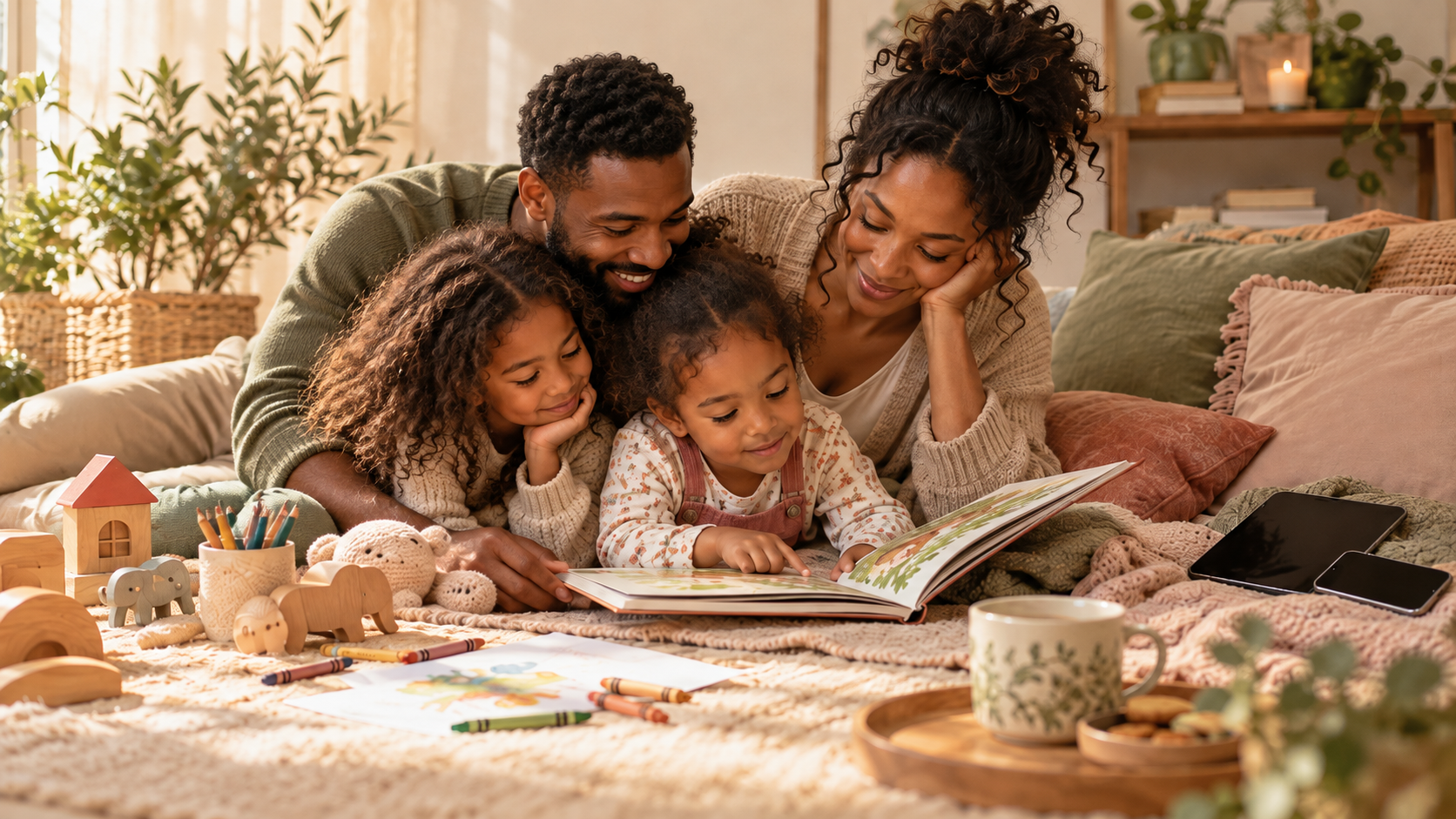 Cozy family storytime and reading nook