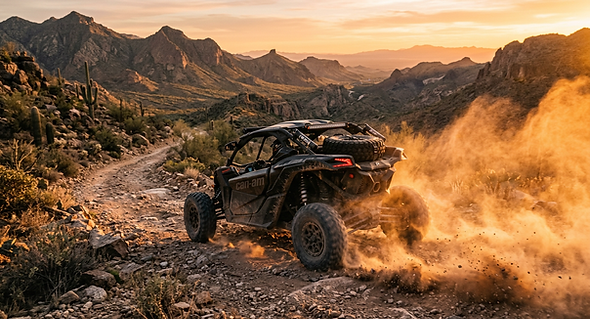 Can-Am Maverick R off-road UTV kicking up dust on rocky desert trail at sunset