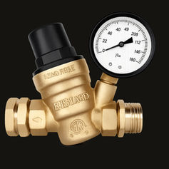 RVGUARD adjustable brass RV water pressure regulator valve with PSI gauge, black adjustment knob, and inlet screen filter for camper water hookup protection.