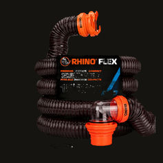 Camco RhinoFLEX 15-foot RV sewer hose kit with black coiled hose, orange fittings, clear elbow connector, and black caps on transparent background.