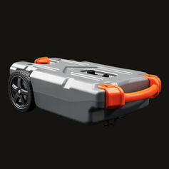 Camco Rhino 21-gallon portable RV waste tote tank with no-flat wheels, orange handle, sewer hose kit, tow adapter, and size options.