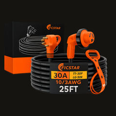 Ficstar 25-foot 30 amp RV extension cord with orange grip handles, twist-lock connector, LED power indicator, and heavy-duty black cable.