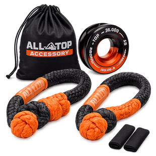 ALL-TOP soft shackles and snatch ring recovery kit with storage bag and protective sleeves on white background