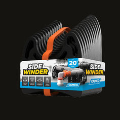 Camco Sidewinder 20 foot RV sewer hose support with black accordion-style frame and orange handle on product packaging.