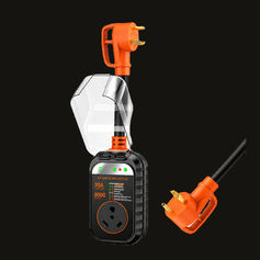 GEARGO 30 amp RV surge protector with circuit analyzer, waterproof cover, LED fault indicators, and orange right-angle plug for camper power protection.