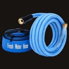Kohree blue RV fresh water hose with brass fittings, reinforced PVC design, strain relief ends, and storage bag for camper water hookups.