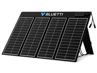 Bluetti foldable portable solar panel with kickstand and charging cables displayed on white background
