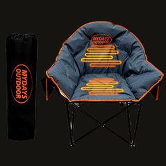 Oversized heated camping chair with padded seat, adjustable heat settings, and heavy-duty folding frame for camping and outdoor use.