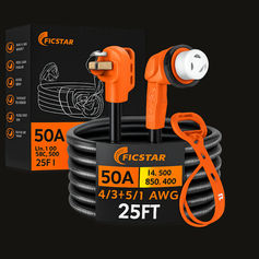 Ficstar 25-foot 50 amp RV extension cord with orange grip handles, twist-lock connector, polarity lamp, and heavy-duty black power cable.