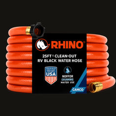 Camco Rhino orange RV black water clean-out hose with threaded fittings for cleaning camper black water, grey water, and tote tanks.