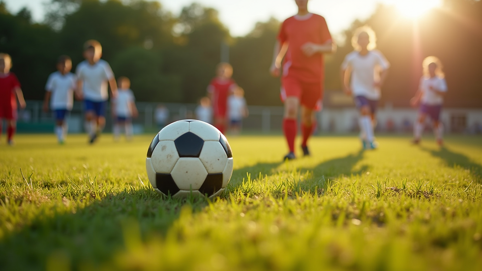 High angle view of a youth football match in progress on a sunny day