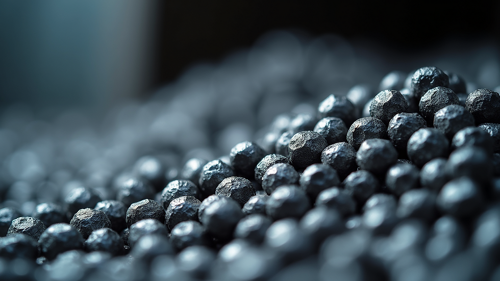Close-up view of metallic iron pellets used in steel production