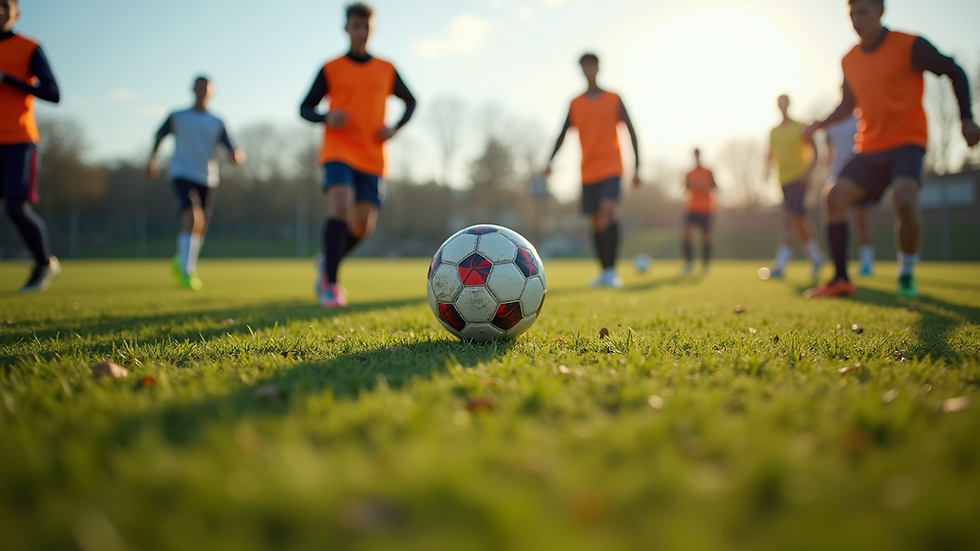 Eye-level view of a football training session with young players practicing passing