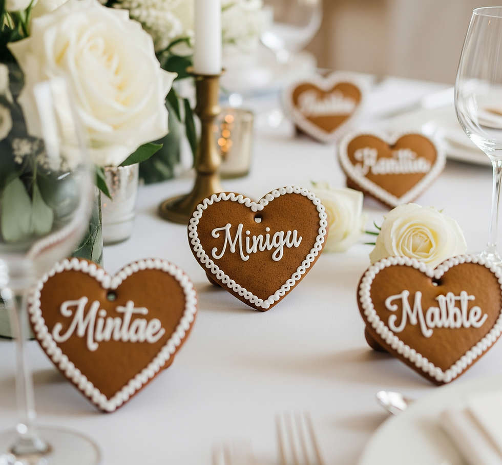 Personalisiertes Lebkuchenherz mit Namen als Tischkarte und Gastgeschenk auf einer gedeckten Hochzeits-Festtafel