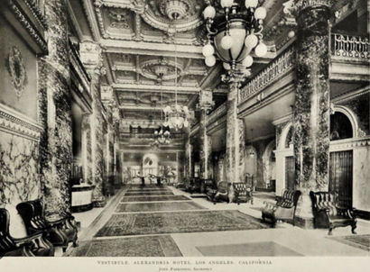 Ornate, luxurious Alexandria Hotel entrance, Los Angeles, California, famous historic lobby.