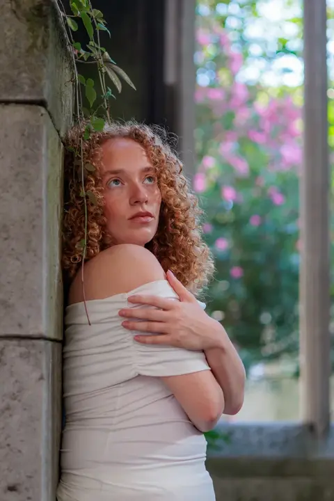 Model in white during London Photoshoot