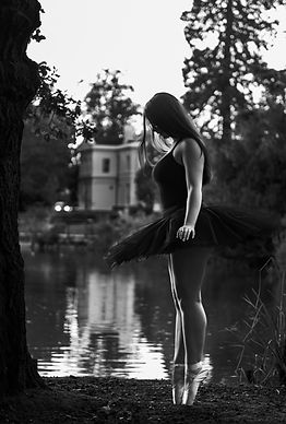 Ballerina by the lake in black and white