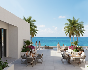 Oceanfront dining terrace at The Terraces by Azure in Nassau’s West End — coastal café and restaurant space for lease with panoramic sea views.