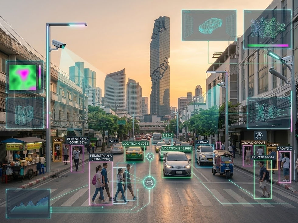 magicEye AI Edge processing camera with bounding boxes detecting people and vehicles for smart security