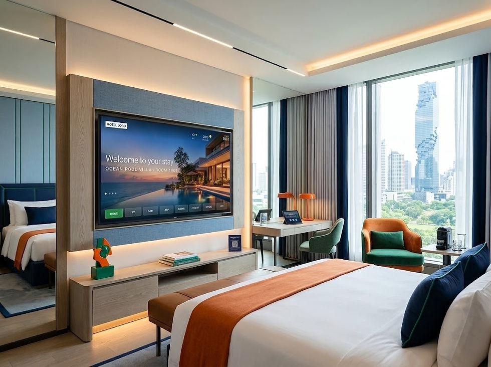 magicHTV 5-star hotel interactive TV system displaying personalized guest greeting and services