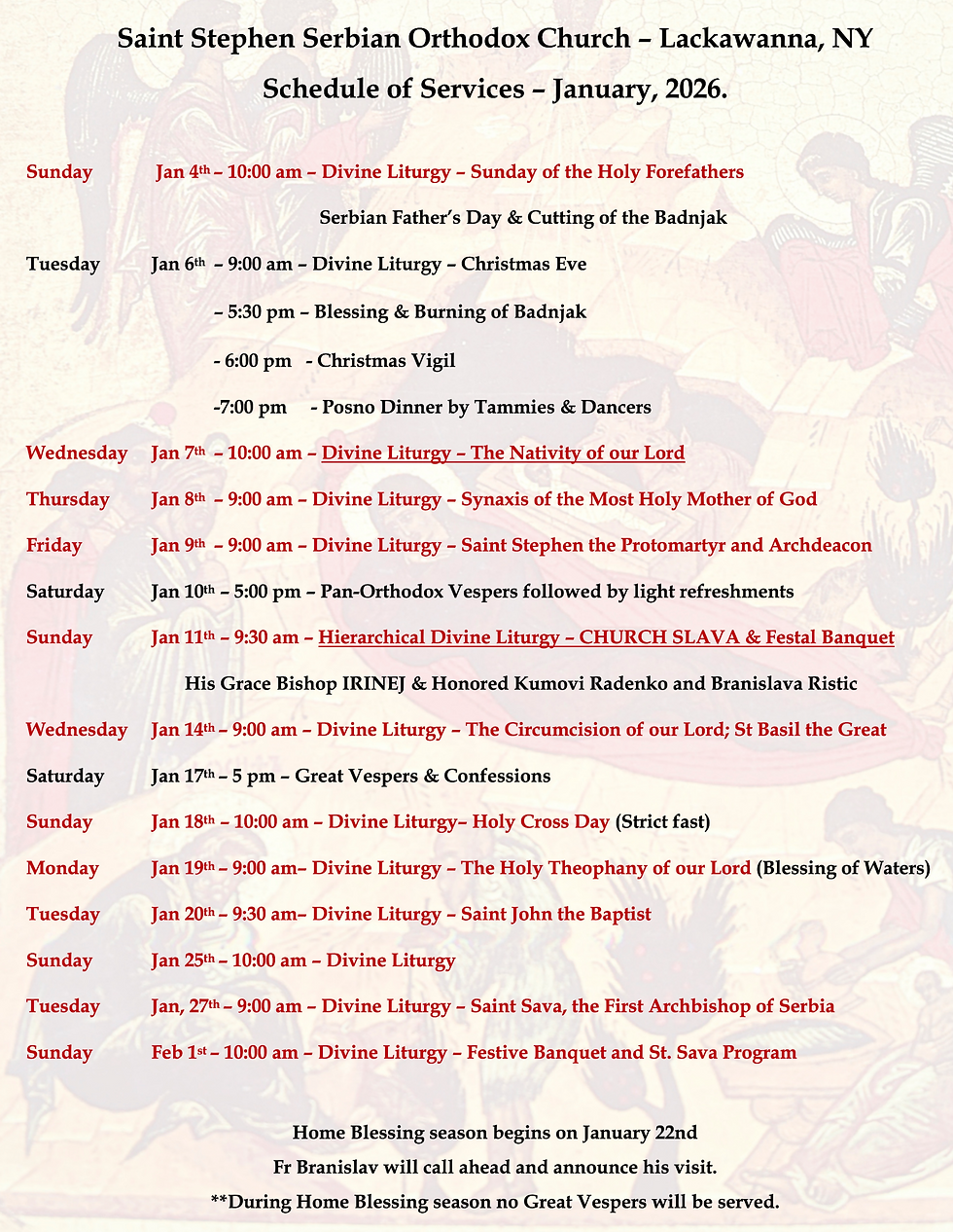 Schedule of Services JANUARY 2026