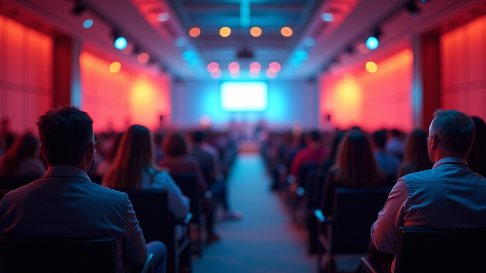 Eye-level view of a vibrant conference hall filled with attendees