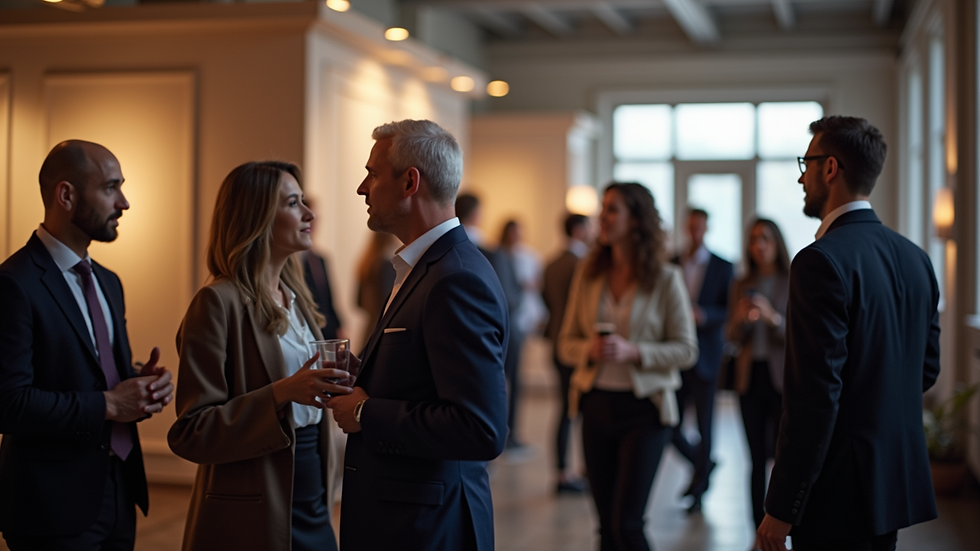 Eye-level view of a networking event with people engaging in conversation