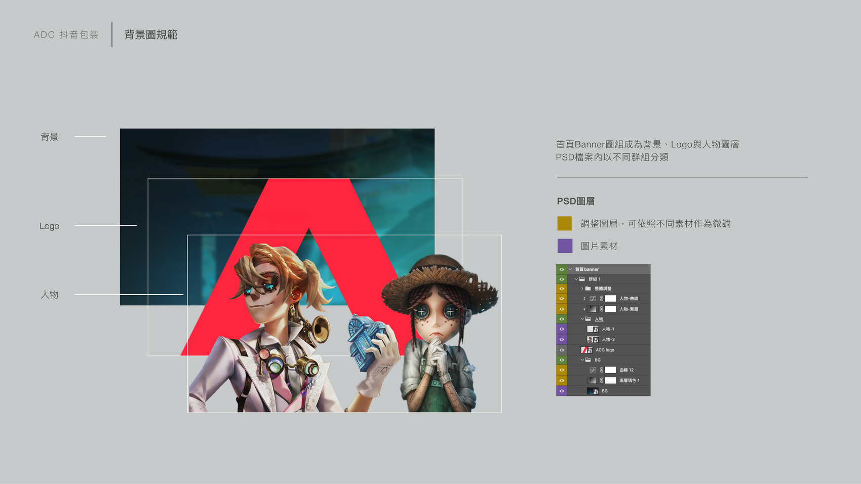 Banner spec, background, logo and character layers