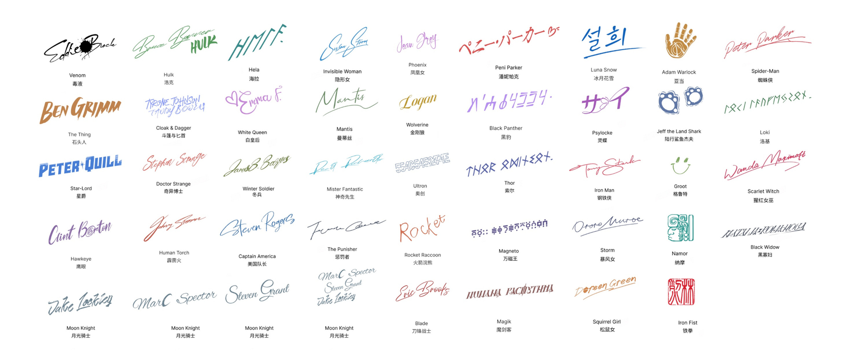 Hero signature board, one hand-drawn signature per hero