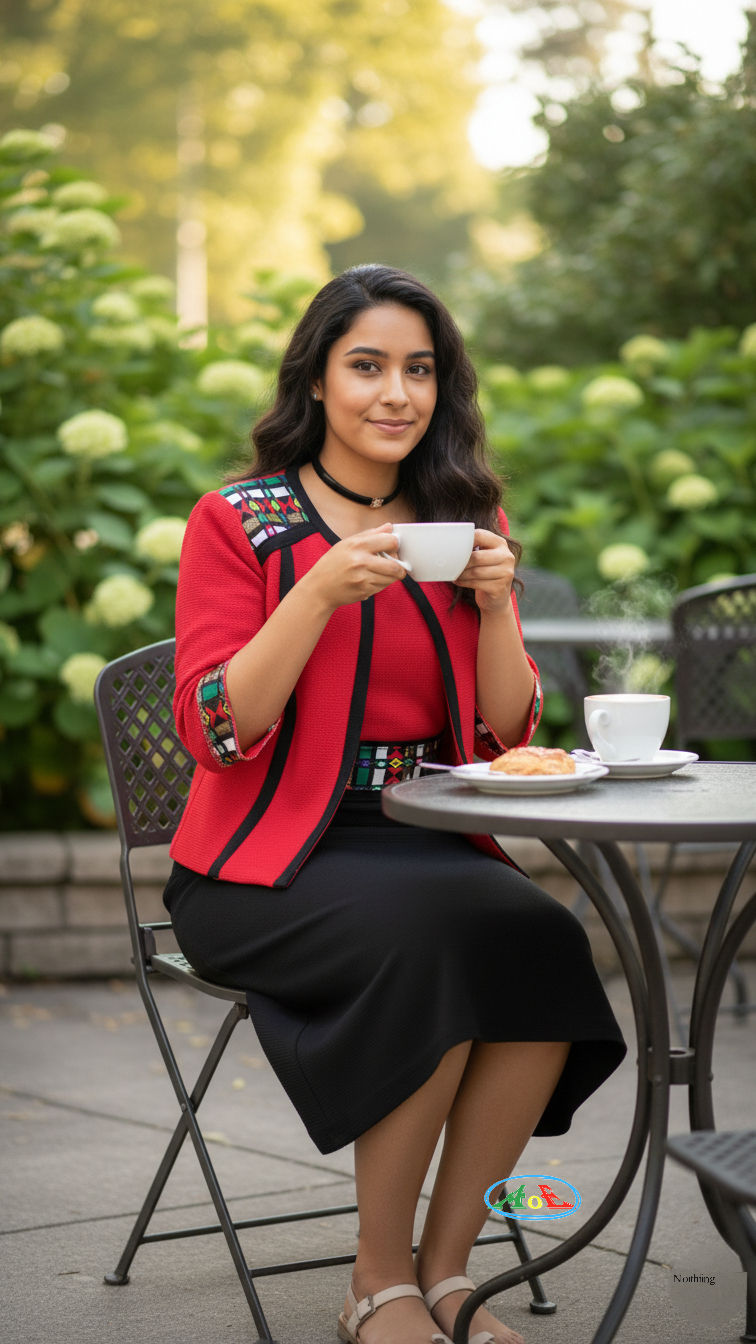 Thumbnail: Ethiopia Tibeb Two Pieces Woman Red Jacket and Black Dress set