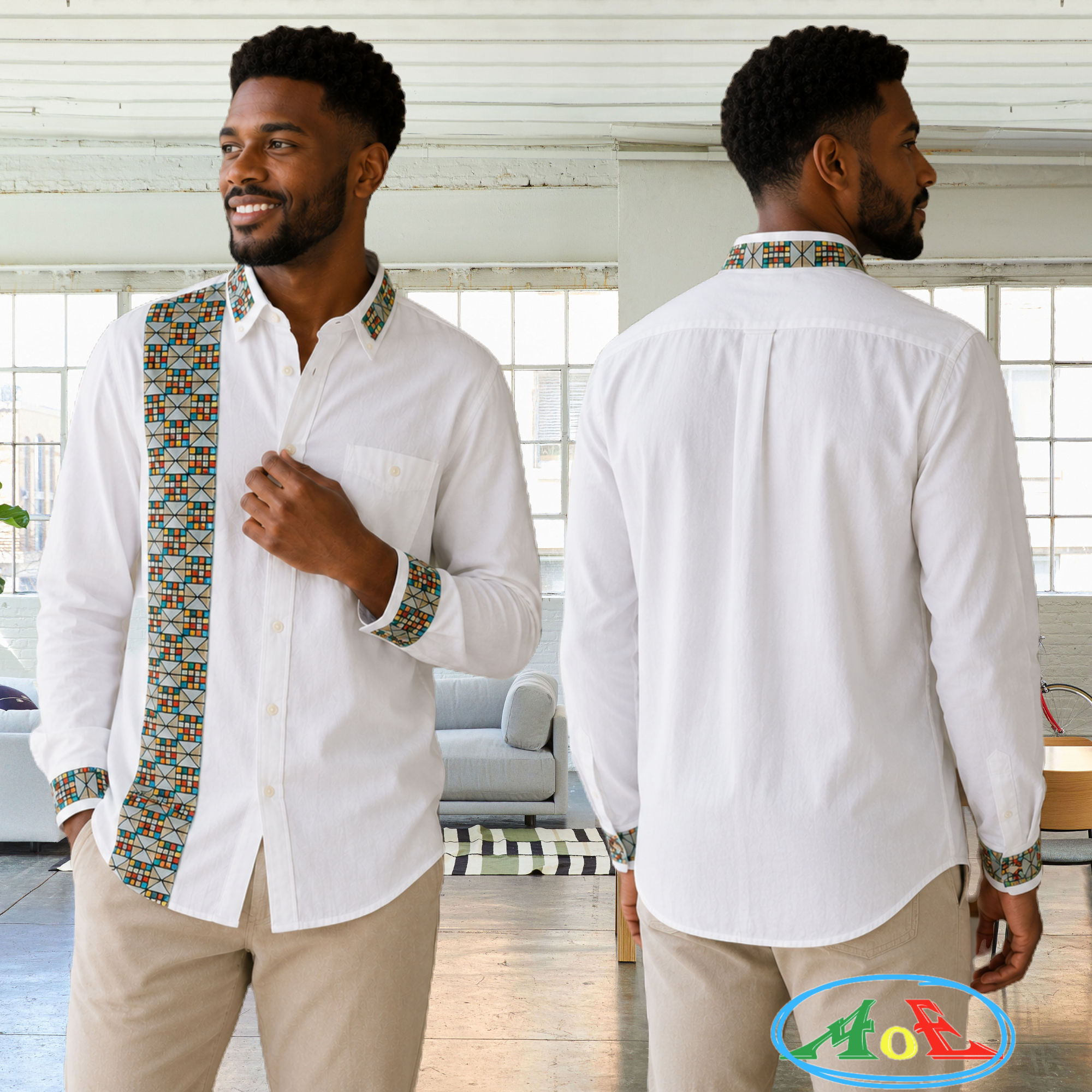 Traditional pattern men's white dress shirt