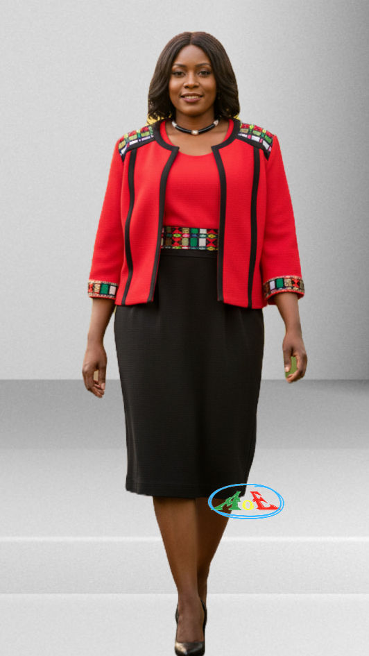 Thumbnail: Ethiopia Tibeb Two Pieces Woman Red Jacket and Black Dress set