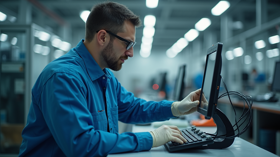 Eye-level view of a calibration technician setting up equipment in a manufacturing plant