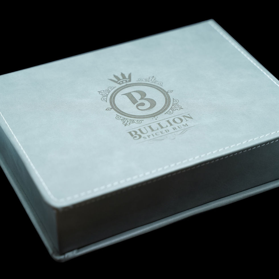 Thumbnail: Bullion Spiced Rum Grey Luxury Hip Flask & shot glass set photo of box