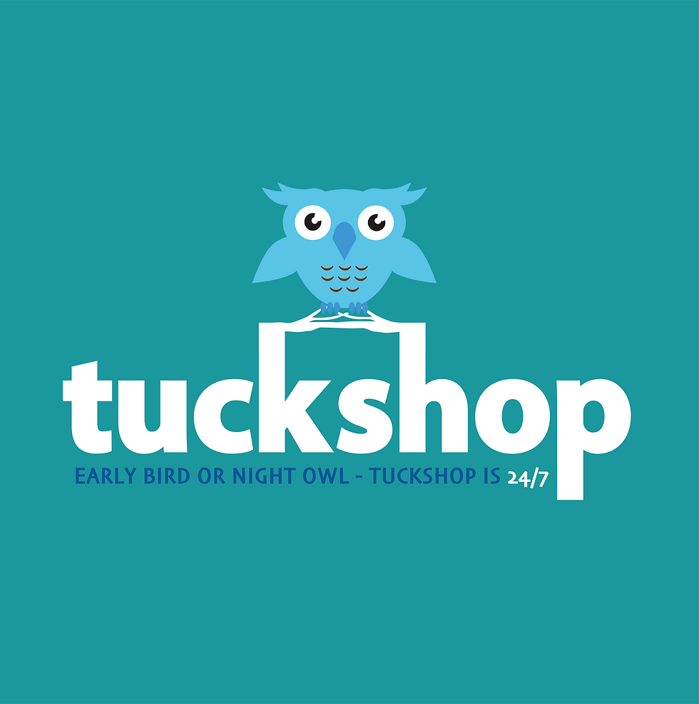 Tuckshop logo with a blue owl perched on the letter 't,' featuring the tagline 'Early Bird or Night Owl - Tuckshop is 24/7.