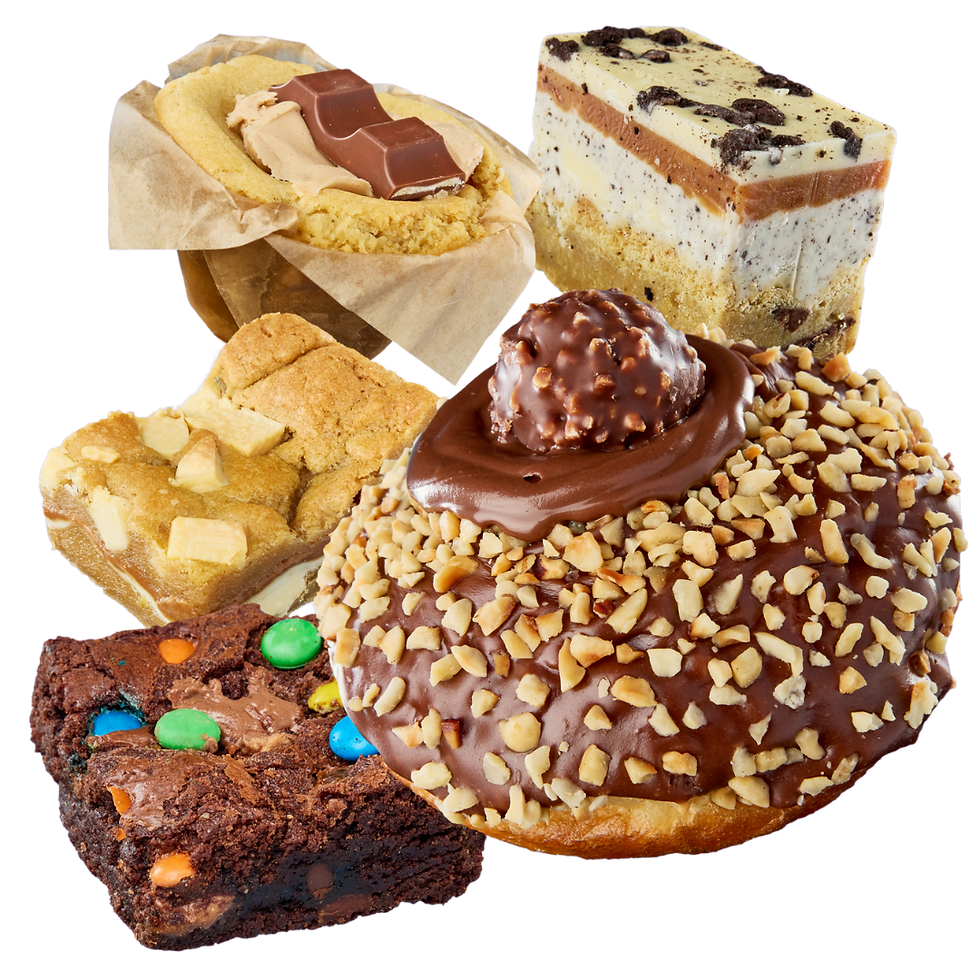 A variety of delicious baked treats, including chocolate chip cookies, a fudge brownie with M&Ms, a white chocolate blondie, a layered dessert bar with cookies and cream, and a hazelnut donut with chocolate coating and nuts.