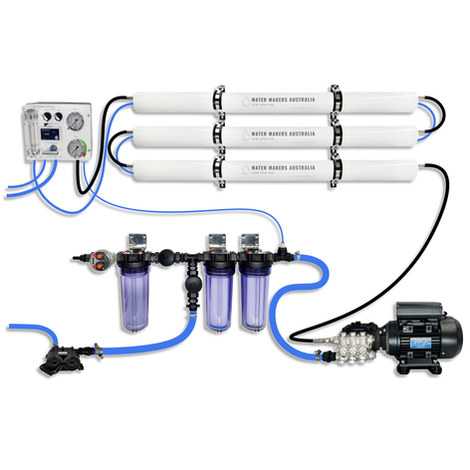 Triple membrane marine water maker with high pressure pump and control panel.