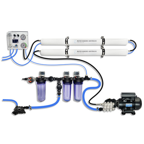 Double membrane marine water maker with high pressure pump and control panel.