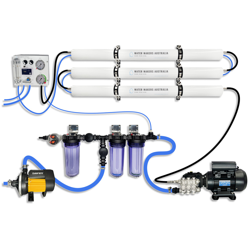 A Water Makers Australia triple membrane system laid out as separate modules: control panel, three membranes, pre-filters, feed pump and high-pressure pump.