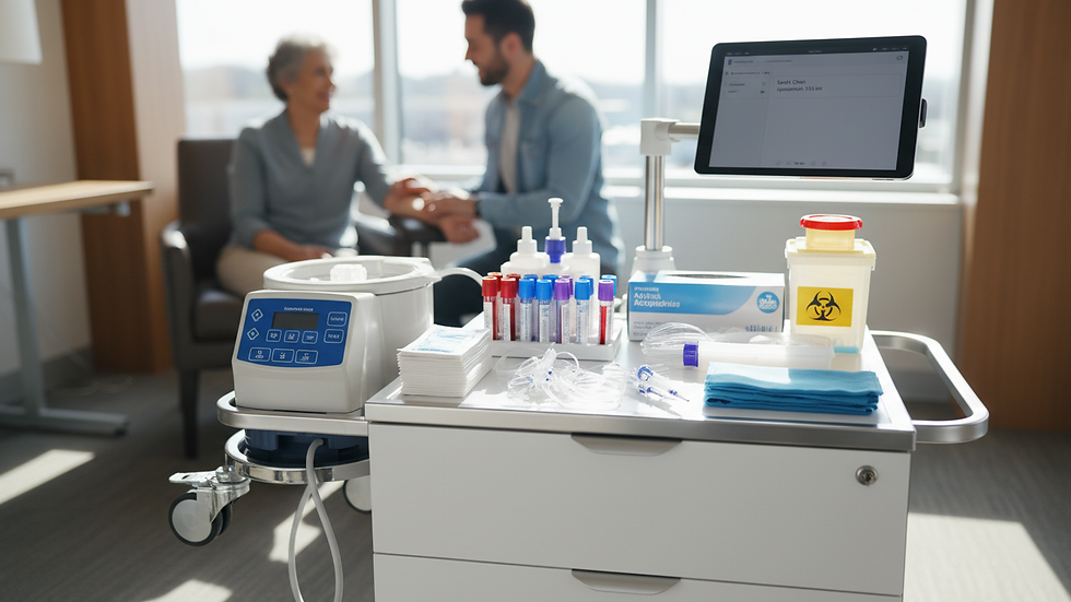 Close-up view of phlebotomy equipment neatly arranged on a mobile workstation